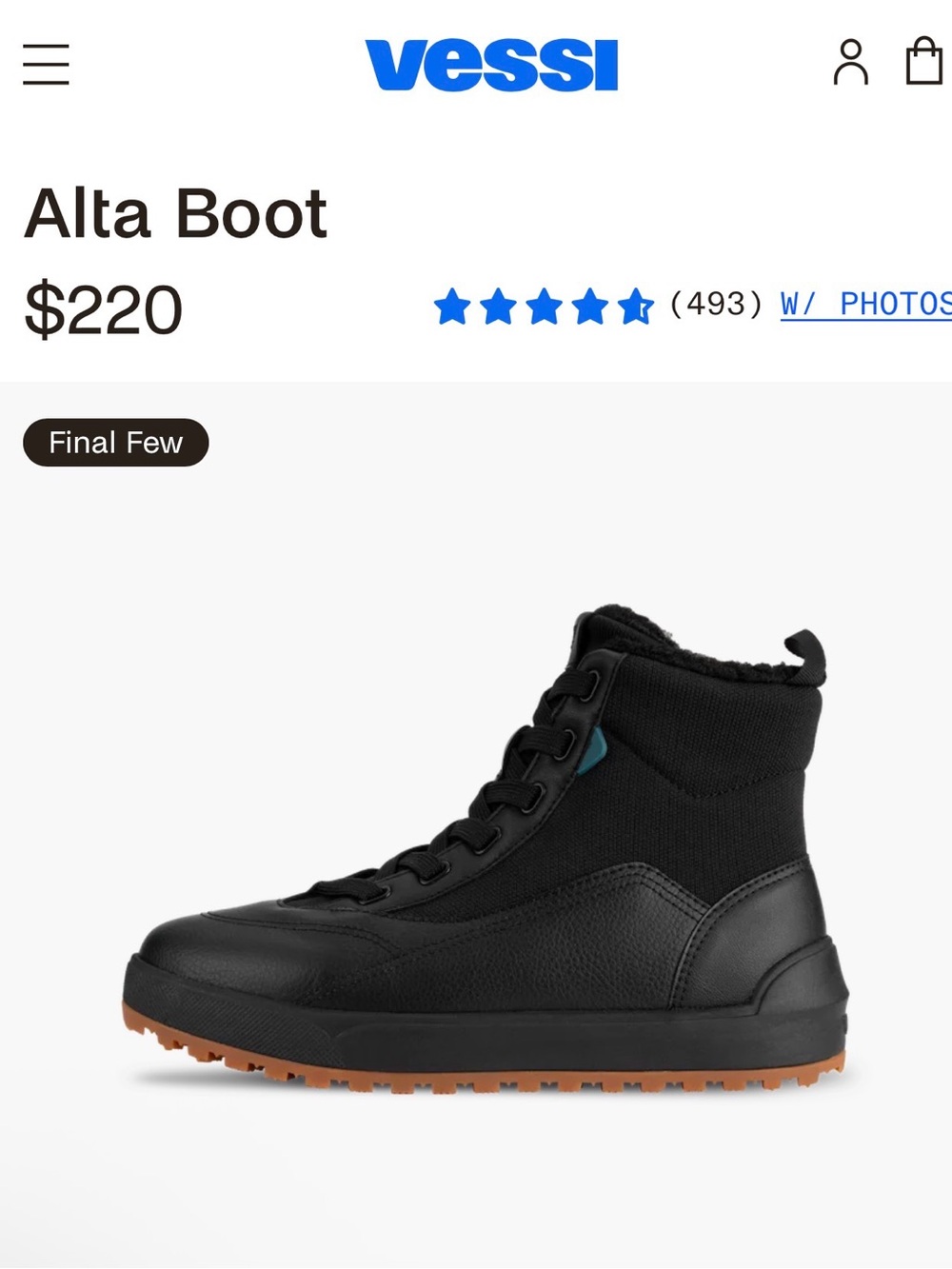 Vessi Alta Boot in Black with Gum Sole 100%waterproof NWOT